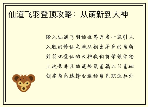 仙道飞羽登顶攻略：从萌新到大神